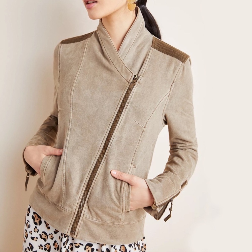 Anthropologie Suede Asymmetrical Zip Bomber Jacket in Taupe with Brown Accents